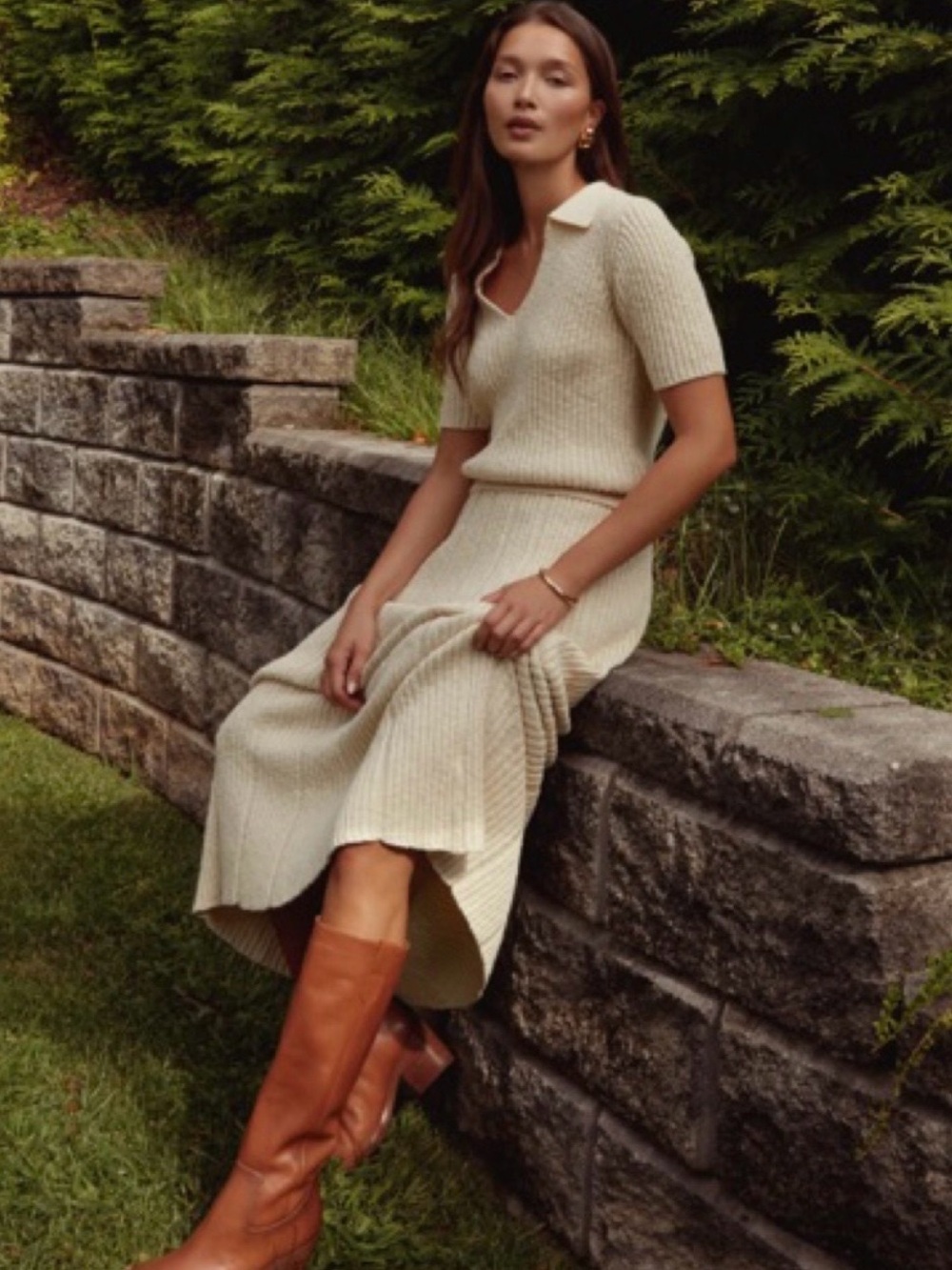 Cream Ribbed Knit Polo Midi Skirt Set